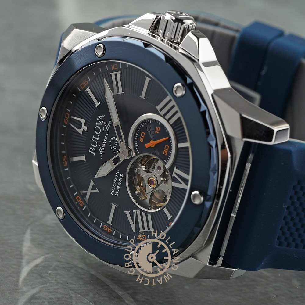 Bulova Marine Star 98A303 - Orologio Automatico Uomo - 45mm, Quadrante Blu, Cinturino In Silicone, 20 Bar